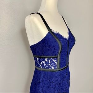 Blue lace satin strap pencil dress